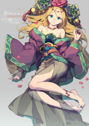 Rule 34 | 1girl, anklet, bare legs, bare shoulders, barefoot, blonde hair, blush, chinese clothes, collarbone, commentary request, dress, feet, flower, green eyes, hair flower, hair ornament, hat, highres, jewelry, long hair, looking at viewer, lying, meimei (p&amp;d), necklace, off shoulder, on back, puzzle &amp; dragons, smile, solo, tennohi, wide sleeves