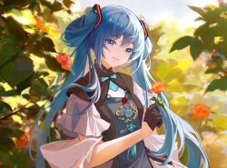 Rule 34 | 1girl, alternate costume, black gloves, blue dress, blue eyes, blue hair, chinese clothes, day, dress, flower, gloves, hair between eyes, half gloves, hatsune miku, head tilt, highres, holding, holding flower, leaf, long hair, looking at viewer, miku with you (vocaloid), mio4moon, orange flower, outdoors, plant, shawl, short sleeves, sidelocks, smile, solo, sunlight, twintails, upper body, vocaloid, white sleeves