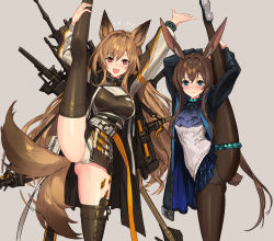 Rule 34 | 2girls, :d, amiya (arknights), animal ears, arknights, arms up, ascot, black jacket, black legwear, blue ascot, blue eyes, blue skirt, blush, brown hair, ceobe (arknights), commentary request, gluteal fold, grey background, hair between eyes, highres, jacket, leg up, long hair, long sleeves, looking at viewer, material growth, miniskirt, multiple girls, open clothes, open jacket, open mouth, oripathy lesion (arknights), panties, pantyhose, plaid, plaid skirt, pleated skirt, rabbit ears, rabbit tail, red eyes, shirt, sigm@, simple background, skirt, smile, split, standing, standing on one leg, standing split, tail, thighhighs, thighlet, thighs, underwear, very long hair, white panties, white shirt
