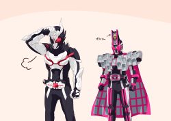 Rule 34 | 2boys, puff of air, armor, belt, cape, highres, kamen rider, kamen rider 01 (series), kamen rider ark-one, kamen rider dcd, kamen rider decade, kamen rider zero-two, multiple boys, otokamu, pink cape, red eyes, sigh, standing