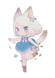 Rule 34 | 1girl, animal ears, ayu (mog), bare arms, blue dress, blue eyes, blue flower, blush, bob cut, boots, bouquet, brown footwear, cat ears, cat tail, closed mouth, commentary, dress, english commentary, flower, gradient hair, hair flower, hair ornament, holding, holding flower, looking at viewer, mixed-language commentary, multicolored hair, neckerchief, original, petals, pink neckerchief, purple flower, sailor collar, sailor dress, solo, standing, standing on one leg, tail, white background, white hair, white sailor collar