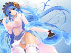 Rule 34 | 1girl, blue hair, breasts, cameltoe, frilled thighhighs, frills, hand fan, hat, highres, horns, hydrokinesis, impossible clothes, impossible shirt, large breasts, long hair, luminous arc, luminous arc 2, luna (luminous arc), lunaluna, lunaluna (luminous arc), nakano sora, nautilus (animal), nipples, panties, sash, seashell, see-through, shell, shirt, solo, thighhighs, underwear, very long hair, water, white thighhighs