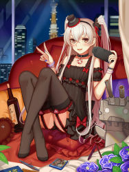 Rule 34 | 10s, 1girl, absurdres, alternate costume, amatsukaze (kancolle), arm strap, bare shoulders, black dress, black panties, black thighhighs, blurry, bottle, bow, brown eyes, choker, cityscape, collarbone, couch, crossed legs, cushion, depth of field, detached sleeves, dress, feet, fingernails, frilled thighhighs, frills, full body, game, game console, garter straps, hair between eyes, hair tubes, hairband, handheld game console, hat, highres, kantai collection, lifebuoy, long fingernails, long hair, looking at viewer, mini hat, mini top hat, nail polish, no shoes, open mouth, panties, pen, playstation vita, red bow, rensouhou-kun, sake bottle, short dress, silver hair, sitting, solo, sonikey0 0, swim ring, thighhighs, thighs, toes, top hat, two side up, underwear, v, very long hair, w, window, yellow eyes