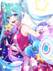 Rule 34 | 1girl, blue eyes, blue hair, dress, hatsune miku, headphones, highres, long hair, looking at viewer, magical girl, microphone, open mouth, pink dress, sleeveless, sleeveless dress, smile, solo, soramame pikuto, star (symbol), twintails, vocaloid, wand, white background