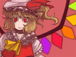 Rule 34 | 1girl, ascot, blonde hair, collar, crystal, demon wings, female focus, flandre scarlet, frilled collar, frills, hat, looking at viewer, mob cap, pale skin, red eyes, smile, solo, staring, touhou, upper body, wings