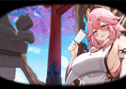 Rule 34 | 1girl, absurdres, blush, breasts, cherry blossoms, detached sleeves, double-parted bangs, falling leaves, genshin impact, hair between eyes, hand up, headpiece, highres, holding, holding rattle, horin, large breasts, leaf, long hair, long sleeves, looking at viewer, outdoors, parted lips, pink hair, pov, rattle, shirt, sideboob, sideless shirt, solo, torii, underbust, vignetting, vision (genshin impact), white shirt, wide sleeves, yae miko