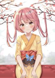 Rule 34 | 1girl, blush, branch, butterfly ornament, cherry blossoms, closed mouth, commentary, cowboy shot, double-parted bangs, double bun, eyes visible through hair, flat chest, floral print, hair between eyes, hair bun, hands on own thighs, head tilt, highres, japanese clothes, kimono, kurama koharu, long hair, long sleeves, looking at viewer, outdoors, petals, pink hair, red sash, sash, senren banka, sitting, smile, solo, straight-on, twintails, yellow eyes, yellow kimono, yosh1na