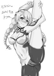 Rule 34 | &gt;:), 1girl, absurdres, ahoge, arm behind head, armpits, arms up, bar censor, blush, bodysuit, braid, breasts, censored, cleavage cutout, clothing cutout, commentary request, commission, covered erect nipples, flexible, greyscale, hair ornament, hairband, highres, honkai (series), honkai impact 3rd, hugging own legs, k-you (hikarininare), kiana kaslana, kiana kaslana (white comet), leg hold, leg lift, leg up, looking at viewer, medium breasts, monochrome, navel, simple background, skeb commission, smile, solo, split, standing, standing on one leg, standing split, star (symbol), star hair ornament, sweat, thighs, twin braids, v-shaped eyebrows, white background