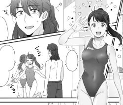 Rule 34 | 1boy, 1girl, :d, alternate costume, ass, barefoot, blank speech bubble, breasts, comic, commentary, competition swimsuit, covered navel, cropped, greyscale, higashi ringo, highleg, highleg swimsuit, iwato suzume, long hair, looking at viewer, male swimwear, medium breasts, mole, mole under eye, monochrome, munakata souta, one-piece swimsuit, open mouth, ponytail, smile, speech bubble, spinning, suzume no tojimari, sweatdrop, swim trunks, swimsuit