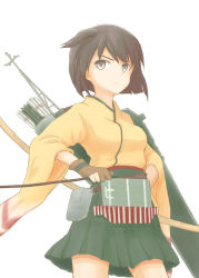 Rule 34 | 10s, 1girl, archery, arka, arrow (projectile), bad id, bad pixiv id, blush, bow (weapon), brown eyes, brown hair, female focus, flight deck, gloves, hand on own hip, hiryuu (kancolle), japanese clothes, kantai collection, kyuudou, looking at viewer, partially fingerless gloves, partly fingerless gloves, personification, quiver, serious, short hair, side ponytail, skirt, solo, weapon, yugake