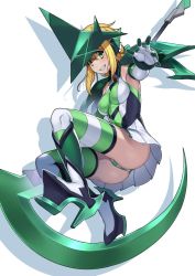 Rule 34 | 1girl, akatsuki kirika, ass, blonde hair, breasts, commentary request, covered navel, elbow gloves, gloves, green eyes, hair ornament, headgear, high heels, holding, holding weapon, leotard, looking at viewer, medium breasts, outstretched arm, parted lips, scythe, senki zesshou symphogear, short hair, simple background, skirt, smile, solo, striped clothes, striped leotard, striped thighhighs, teeth, thighhighs, tsukamoto kensuke, weapon, white background, x hair ornament