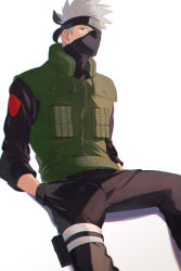 Rule 34 | 1boy, black gloves, black jacket, black pants, brown eyes, gloves, hands in pockets, hatake kakashi, headband, highres, jacket, long sleeves, looking at viewer, male focus, mask, mirin (coene65), naruto (series), pants, silver hair, simple background, solo, thigh strap, white background
