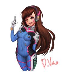 Rule 34 | 1girl, animal print, bodysuit, breasts, brown eyes, brown hair, commentary, covered navel, d.va (overwatch), facepaint, facial mark, gloves, groin, headphones, highres, hood (james x), long hair, looking at viewer, open mouth, overwatch, overwatch 1, pilot suit, rabbit print, simple background, skin tight, smile, solo, whisker markings, white background, white gloves