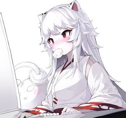 Rule 34 | 1girl, absurdres, ahr tato, animal ears, blush, commentary, copyright request, headphones, highres, japanese clothes, keyboard (computer), kimono, long hair, long sleeves, monitor, mouth hold, red eyes, simple background, solo, tiger ears, very long hair, white background, white hair, white kimono, wide sleeves