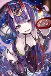 Rule 34 | 1girl, alcohol, blunt bangs, blurry, blush, breasts, cup, depth of field, fangs, fate/grand order, fate (series), from above, holding, horns, japanese clothes, kimono, looking at viewer, nekometaru, oni, open mouth, petals, purple eyes, purple hair, revealing clothes, sakazuki, sake, seiza, shiny skin, short hair, shuten douji (fate), sitting, skin-covered horns, small breasts, smile, solo, water