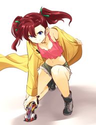 Rule 34 | absurdres, bakusou kyoudai let&#039;s &amp; go!!, black footwear, blue eyes, boots, collarbone, green shorts, hair behind ear, highres, holding, holding toy, ishiyumi, jacket, jewelry, navel, necklace, oogami marina, red hair, shadow, short shorts, shorts, smile, toy, twintails, v-shaped eyebrows, white background, yellow jacket