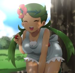 Rule 34 | 1girl, blue sky, breasts, cherry, closed eyes, cloud, commentary request, creatures (company), dark-skinned female, dark skin, day, flower, food, fruit, game freak, grass, green hair, hair flower, hair ornament, happy, highres, holding, holding food, holding fruit, leaning forward, mallow (pokemon), medium breasts, nintendo, open mouth, outdoors, overalls, pokemon, pokemon sm, robert m, sky, sleeveless, solo, teeth, tree, tree shade, twintails