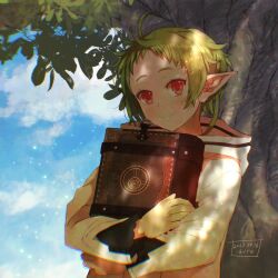 Rule 34 | 1girl, artist name, blue sky, book, closed mouth, cloud, dappled sunlight, dated, day, elf, green hair, holding, holding book, hood, hooded jacket, jacket, kiyo (a sam ko), looking at viewer, mushoku tensei, outdoors, pointy ears, red eyes, short hair, sky, smile, solo, sunlight, sylphiette (mushoku tensei), tree, white jacket