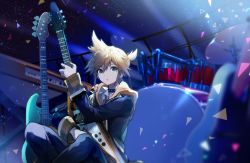 Rule 34 | 1boy, black jacket, black pants, blonde hair, blue eyes, collar, cyawa, drum, electric guitar, gibson flying v, guitar, highres, instrument, jacket, kagamine len, looking at viewer, male focus, pants, parted lips, ponytail, short ponytail, sitting, sky, solo, star (sky), starry sky, studded collar, vocaloid