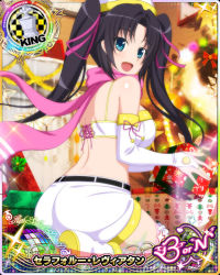 Rule 34 | 10s, 1girl, :d, black hair, blue eyes, boots, box, breasts, bridal gauntlets, card (medium), character name, chess piece, christmas, crop top, fur trim, gift, gift box, hair ribbon, hat, high school dxd, high school dxd born, high school dxd hero, king (chess), kneeling, large breasts, long hair, looking at viewer, midriff, official art, open mouth, pink scarf, ribbon, scarf, serafall leviathan, shorts, smile, solo, trading card, twintails, very long hair