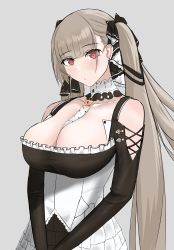 Rule 34 | 1girl, absurdres, azur lane, between breasts, black dress, black ribbon, blonde hair, blush, breasts, cleavage, closed mouth, collarbone, dress, formidable (azur lane), hair ribbon, highres, hum455, large breasts, long hair, looking at viewer, red eyes, ribbon, simple background, solo, standing, twintails, upper body, very long hair