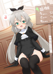 Rule 34 | 1girl, absurdres, ascot, black capelet, black dress, black gloves, black ribbon, black thighhighs, blush, capelet, commentary request, dress, dutch angle, eighth note, fang, feet out of frame, gloves, green eyes, grey hair, hair between eyes, hair ribbon, highres, indoors, long hair, long sleeves, looking at viewer, low twintails, momio, musical note, open mouth, original, panties, pelvic curtain, ribbon, sign, sitting, solo, spoken musical note, thighhighs, translation request, twintails, underwear, very long hair, white ascot, white panties, window