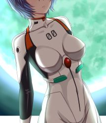Rule 34 | 1girl, ayanami rei, blue eyes, bodysuit, breasts, dutch angle, expressionless, full moon, head out of frame, highres, medium breasts, moon, neon genesis evangelion, plugsuit, ruaranhroi, solo