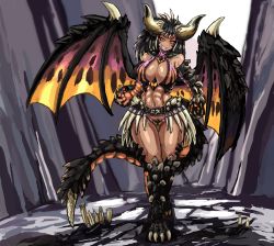 Rule 34 | 1girl, abs, belt, claws, dragon girl, full body, grin, highres, horns, monster girl, monster hunter (series), multicolored hair, nergigante, smile, solo, spikes, tail, thick thighs, thighs, udetamago, wings, yellow eyes
