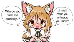Rule 34 | 1boy, 1girl, :o, animal ear fluff, animal ears, blonde hair, blush, commentary request, crying, crying with eyes open, english text, flat chest, fox ears, from above, full-face blush, green ribbon, hair between eyes, hands up, highres, kasuya baian, kudamaki tsukasa, looking at viewer, medium hair, neck ribbon, open mouth, orange eyes, pov, ribbon, simple background, solo, speech bubble, tears, touhou, trembling, white background, yellow eyes