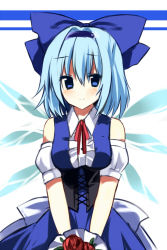 Rule 34 | 1girl, arm garter, bad id, bad pixiv id, bare shoulders, blue dress, blue eyes, blue hair, blush, bouquet, bow, cirno, corset, dress, fairy wings, flower, fujishiro emyu, hair bow, large bow, looking at viewer, matching hair/eyes, red flower, red rose, rose, shirt, short hair, smile, solo, touhou, wings