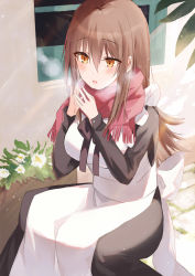 Rule 34 | 1girl, apron, black dress, blush, breasts, breathing on hands, brown eyes, brown hair, dress, flower, fringe trim, hair between eyes, hands up, highres, kinona, large breasts, long hair, long sleeves, maid apron, original, parted lips, red scarf, scarf, sleeves past wrists, solo, very long hair, white apron, white flower