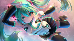 Rule 34 | 1girl, arm up, detached sleeves, green eyes, green hair, hair between eyes, hatsune miku, headset, highres, long hair, microphone, necktie, pinakes, pleated skirt, skirt, smile, solo, thighhighs, twintails, very long hair, vocaloid