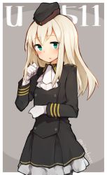 Rule 34 | 10s, 1girl, adapted costume, blonde hair, blue eyes, buttons, character name, frills, garrison cap, gloves, hat, kantai collection, long hair, looking at viewer, open mouth, rimukoro, skirt, solo, twitter username, u-511 (kancolle), uniform