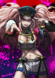 Rule 34 | 1girl, armband, black bow, blue eyes, bow, breasts, bridal gauntlets, character cutout, cleavage, cowboy shot, crop top, danganronpa (series), danganronpa: trigger happy havoc, enoshima junko, hat, index finger raised, large breasts, long hair, looking at viewer, midriff, military hat, miniskirt, nail polish, navel, nyuukazai, outstretched arm, pleated skirt, red nails, signature, silver hair, skirt, solo, standing, stomach, twintails, very long hair, white skirt