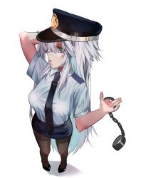 Rule 34 | 1girl, cuffs, handcuffs, hat, highres, jewelry, looking to the side, moonchii, necklace, pantyhose, police, police uniform, policewoman, silver hair, uniform, vei (vtuber), virtual youtuber, vshojo