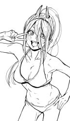Rule 34 | + +, 1girl, :d, abs, alternate hairstyle, bikini, blush, breasts, chainsaw man, cleavage, collarbone, commentary, cowboy shot, cross-shaped pupils, demon horns, greyscale, hair between eyes, hand on own hip, highres, horns, long hair, looking at viewer, medium breasts, monochrome, navel, open mouth, ponytail, power (chainsaw man), riki (riki unc), sharp teeth, simple background, smile, solo, swimsuit, symbol-shaped pupils, teeth, toned, v, white background