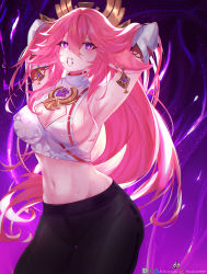 Rule 34 | 1girl, absurdres, adapted costume, animal ears, areola slip, armpits, arms behind head, arms up, bare shoulders, black pants, breasts, cleavage, cleavage cutout, clothing cutout, commentary, cowboy shot, crop top, fox ears, genshin impact, hair between eyes, hair tie in mouth, highres, hitokiri battousai, leggings, long hair, looking at viewer, midriff, mouth hold, navel, pants, pink hair, purple background, purple eyes, shirt, sideboob, sleeveless, sleeveless shirt, smile, solo, standing, stomach, thighs, very long hair, white shirt, yae miko
