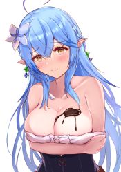 Rule 34 | 1girl, ahoge, arm support, bare shoulders, black corset, blue hair, blush, braid, breast hold, breasts, chocolate, cleavage, collarbone, colored tips, corset, elf, flower, food on body, food on breasts, hair between eyes, hair flower, hair ornament, heart, heart ahoge, hololive, large breasts, light smile, long hair, looking at viewer, multicolored hair, pointy ears, sabamiso (tomomon021831), smile, snowflake hair ornament, solo, streaked hair, topless, underbust, virtual youtuber, yellow eyes, yukihana lamy