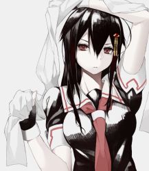 Rule 34 | 10s, 1girl, alternate eye color, alternate hairstyle, arm over head, arm up, bad drawr id, bad id, bemanilovers, breasts, fingerless gloves, gloves, hair down, hair ornament, kantai collection, long hair, looking at viewer, muted color, neckerchief, parted lips, red eyes, sailor collar, shigure (kancolle), short sleeves, simple background, solo, towel, upper body