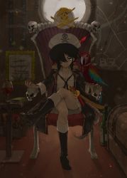 Rule 34 | 1girl, black coat, black eyes, black footwear, black hair, black neckerchief, blouse, book, boots, bottle, bow, closed mouth, coat, commentary, crossed legs, cup, dark, dark-skinned female, dark skin, dixie cup hat, drinking glass, girls und panzer, hair bow, hair over one eye, hat, hat feather, high heel boots, high heels, holding, holding cup, indoors, long sleeves, looking at viewer, military hat, neckerchief, ogin (girls und panzer), ooarai naval school uniform, open clothes, open coat, pectorals, portrait (object), print headwear, red bow, sailor, sailor collar, school uniform, scimitar, shirt, sitting, skull, skull and crossbones, smile, solo, sword, weapon, white hat, white shirt, window, wine glass, wooden chair, yurikuta tsukumi