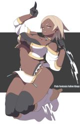 Rule 34 | 1girl, accio, bare shoulders, black thighhighs, blonde hair, boots, breasts, character request, cleavage, copyright name, dark-skinned female, dark skin, earrings, english text, eyebrows, female focus, gloves, highres, jewelry, large breasts, loincloth, navel, necklace, pixiv fantasia, pixiv fantasia fallen kings, short hair, slit pupils, solo, thick thighs, thighhighs, thighs, weapon, yellow eyes