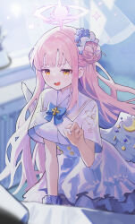 Rule 34 | 1girl, absurdres, angel wings, blue archive, blush, breasts, capelet, commentary, dress, english commentary, feathered wings, flower, hair bun, hair flower, hair ornament, halo, highres, large breasts, long hair, low wings, mika (blue archive), open mouth, pink hair, pink halo, purple flower, renn 01, single side bun, solo, white capelet, white dress, white wings, wings, yellow eyes