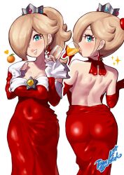 Rule 34 | 1girl, ass, bare back, bare shoulders, blonde hair, blue eyes, blush, breasts, brooch, cleavage, covered navel, crown, cup, dress, drinking glass, earrings, fire rosalina, hair over one eye, highres, jewelry, large breasts, mario (series), multiple views, nintendo, ponytail, red dress, rosalina, star (symbol), star earrings, toggy keiichi