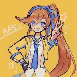 Rule 34 | 1girl, ace attorney, athena cykes, blue eyes, blue necktie, crescent, crescent earrings, cropped jacket, earrings, gloves, grin, hair ribbon, hairband, hand on own hip, highres, jacket, jewelry, long hair, looking at viewer, narumame, necklace, necktie, open mouth, phoenix wright: ace attorney - dual destinies, ponytail, ribbon, shirt, simple background, single earring, skirt, smile, solo, star (symbol), v, yellow background, yellow jacket, yellow skirt