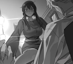 Rule 34 | 1boy, 1girl, absurdres, black hair, blush, breasts, commentary, greyscale, hair between eyes, highres, holding hands, indoors, large breasts, long hair, looking at another, making-of available, monochrome, ningen (ningen96), off shoulder, picture frame, solo focus, spy x family, tagme, twilight (spy x family), wavy mouth, yor briar