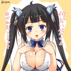Rule 34 | 10s, 1girl, absurdres, arm ribbon, bare shoulders, black hair, blue eyes, blush, bow, breasts, cleavage, cleavage cutout, clothing cutout, dress, dungeon ni deai wo motomeru no wa machigatteiru darou ka, female focus, hair ornament, hair ribbon, hand on breast, hands on own chest, hestia (danmachi), highres, large breasts, long hair, looking at viewer, open mouth, rei no himo, ribbon, short dress, sleeveless, sleeveless dress, solo, twintails, upper body, very long hair, white dress, yua (checkmate)