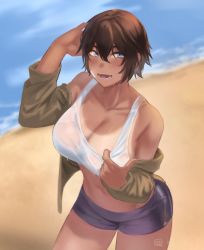 Rule 34 | 1girl, bandaid, bandaid on cheek, bandaid on face, beach, bike shorts, black shorts, blue eyes, blurry, blurry background, blush, breasts, brown hair, cardigan, cleavage, cleavage reach, dark-skinned female, dark skin, dated commentary, day, hair between eyes, highres, hot, hunyan, large breasts, looking at viewer, off shoulder, open cardigan, open clothes, original, see-through, see-through sports bra, short hair, short shorts, shorts, sierra (hunyan), solo, sports bra, summer, sweat, tan, tanline, wet bra, white sports bra