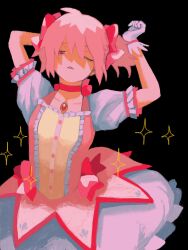 Rule 34 | 1girl, arm behind head, arms up, black background, bow, bubble skirt, choker, collarbone, commentary request, gloves, hair bow, half-closed eye, highres, jewelry, kaname madoka, looking at viewer, magical girl, mahou shoujo madoka magica, mahou shoujo madoka magica (anime), multicolored shirt, multiple hair bows, nou 325, one eye closed, open mouth, pendant, pink bow, pink choker, pink eyes, pink hair, pink shirt, puffy short sleeves, puffy sleeves, ribbon choker, shirt, short sleeves, short twintails, simple background, skirt, solo, soul gem, sparkle, twintails, white gloves, white skirt, yellow shirt