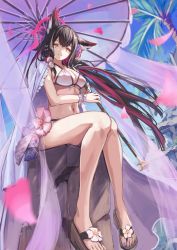 Rule 34 | 1girl, absurdres, animal ears, bikini, black hair, blue archive, breasts, cherry blossoms, cleavage, closed mouth, flower, fox ears, fox girl, full body, hair flower, hair ornament, highres, holding, holding umbrella, large breasts, long hair, looking at viewer, multicolored hair, navel, nullsaki uta, oil-paper umbrella, palm tree, petals, red hair, ribbon, rock, sandals, sitting, smile, solo, swimsuit, tree, two-tone hair, umbrella, wakamo (blue archive), wakamo (swimsuit) (blue archive), white bikini, wind, wrist ribbon, yellow eyes