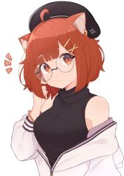 Rule 34 | 1girl, ahoge, animal ear fluff, armlet, armpit peek, bare shoulders, blush, breasts, closed mouth, finger to cheek, glasses, hair ornament, hat, highres, jacket, large breasts, long sleeves, looking at viewer, nijisanji, off shoulder, open clothes, open jacket, ratna petit, red eyes, red panda ears, red panda girl, shimaji noma, short hair, simple background, sleeveless, sleeveless turtleneck, sweater, turtleneck, turtleneck sweater, virtual youtuber, x hair ornament, zipper